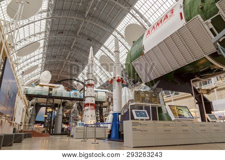 Moscow, Russia - November 28, 2018: Interior exhibition in the Space pavilion at VDNH. Modern museum of russian cosmos exploration