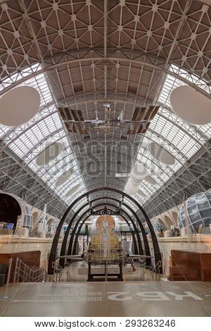 Moscow, Russia - November 28, 2018: Interior exhibition in the Space pavilion at VDNH. Modern museum of russian cosmos exploration