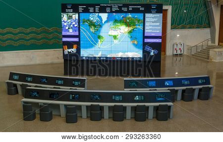 Moscow, Russia - November 28, 2018: Interior exhibition in the Space pavilion at VDNH. Modern museum of russian cosmos exploration