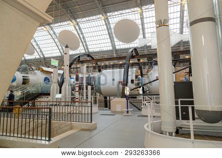 Moscow, Russia - November 28, 2018: Interior exhibition in the Space pavilion at VDNH. Modern museum of russian cosmos exploration