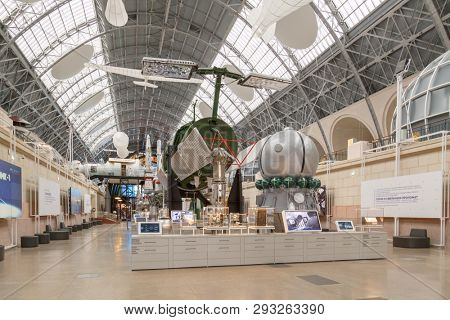 Moscow, Russia - November 28, 2018: Interior exhibition in the Space pavilion at VDNH. Modern museum of russian cosmos exploration