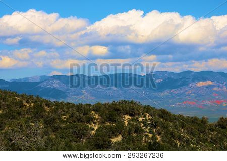 Chaparral Plants And Trees On An Arid Mountain Ridge With The Tehachapi Mountains Beyond Taken In Th