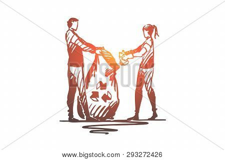 Volunteer, Trash, Eco, Environment, Clean Concept. Hand Drawn Volunteers Gather Garbage Concept Sket