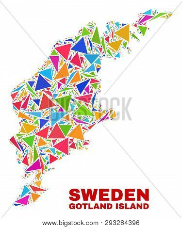 Mosaic Gotland Island Map Of Triangles In Bright Colors Isolated On A White Background. Triangular C