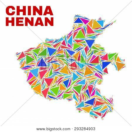 Mosaic Henan Province Map Of Triangles In Bright Colors Isolated On A White Background. Triangular C