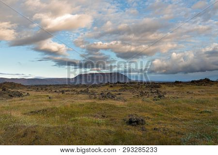 Beautiful Panorama Of The Amazing Volcanic Mossy Landscape Of Eldhraun At Sunrise In Iceland