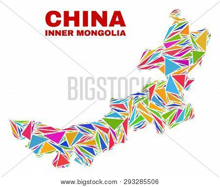 Mosaic Inner Mongolia Map Of Triangles In Bright Colors Isolated On A White Background. Triangular C