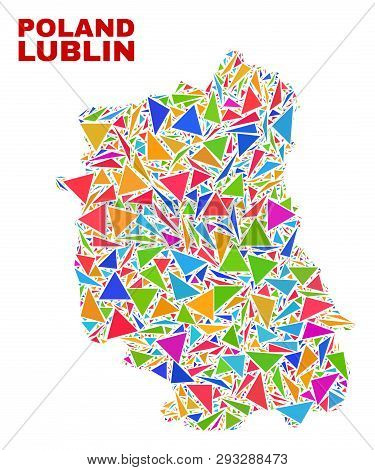 Mosaic Lublin Voivodeship Map Of Triangles In Bright Colors Isolated On A White Background. Triangul