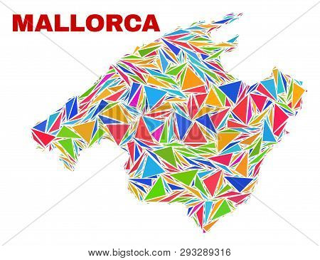 Mosaic Mallorca Map Of Triangles In Bright Colors Isolated On A White Background. Triangular Collage