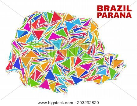 Mosaic Parana State Map Of Triangles In Bright Colors Isolated On A White Background. Triangular Col