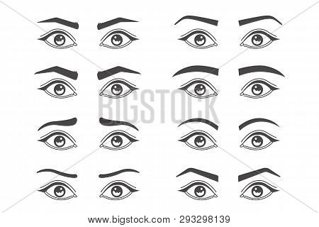 Eyebrow Shaping. Makeup Tips Of Eyebrow. Isolated Set Of Different Shapes Thick Ans Arch, Angle And 