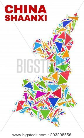 Mosaic Shaanxi Province Map Of Triangles In Bright Colors Isolated On A White Background. Triangular