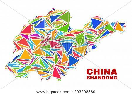 Mosaic Shandong Province Map Of Triangles In Bright Colors Isolated On A White Background. Triangula