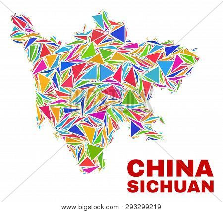 Mosaic Sichuan Province Map Of Triangles In Bright Colors Isolated On A White Background. Triangular