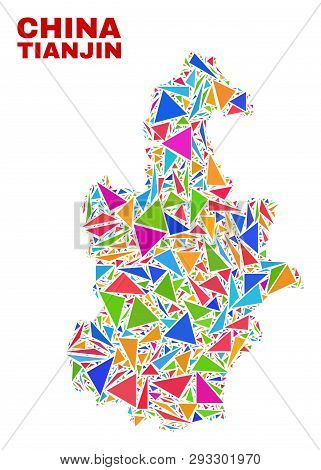Mosaic Tianjin City Map Of Triangles In Bright Colors Isolated On A White Background. Triangular Col