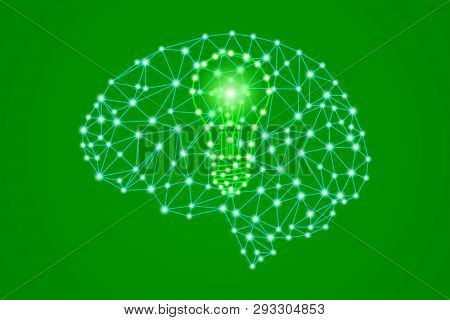 Green Lightbulb Sign In Polygonal Low Poly Plexus Human Head Brain, Smart Eco Bio Creative Idea Conc