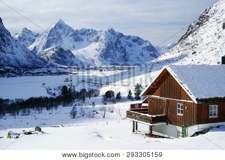 Alpine winter landscape in Lofoten Archipelago, Norway, Europe