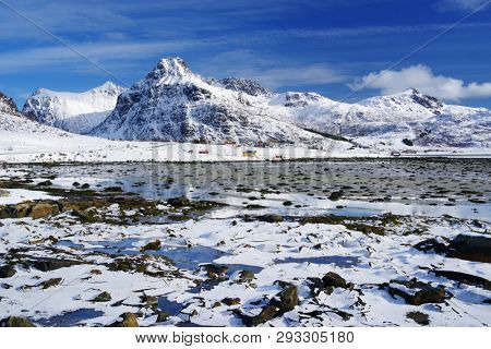 Alpine winter landscape in Lofoten Archipelago, Norway, Europe
