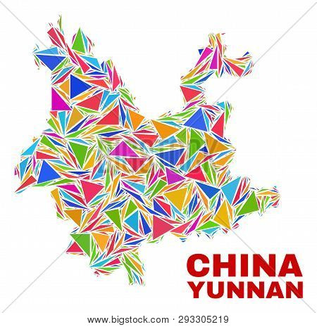 Mosaic Yunnan Province Map Of Triangles In Bright Colors Isolated On A White Background. Triangular 