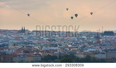 Prague Panorama City Skyline With Old Town, Prague And Baloons On Horizon