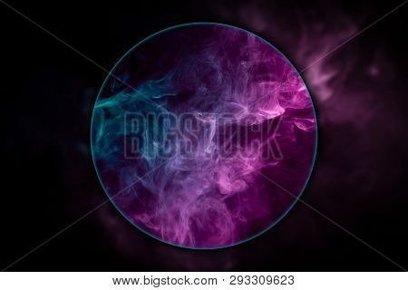 Close-up   Fog Colored With Bright Pink Gel Smoke Blown Under A Magnifying Glass On Dark Background