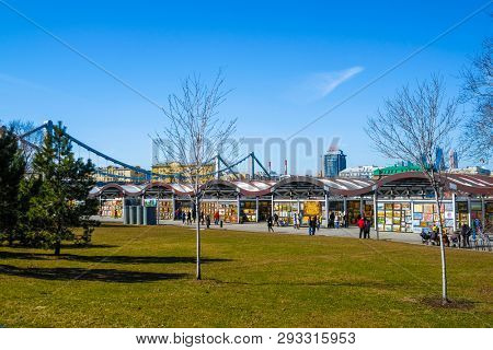 Moscow, Russia - April, 1, 2019: Art vernissage on Krimskiy Val in Moscow, Russia