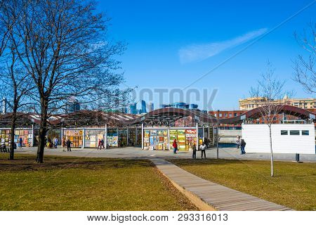 Moscow, Russia - April, 1, 2019: Art vernissage on Krimskiy Val in Moscow, Russia
