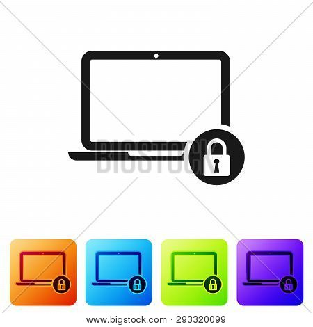 Black Laptop And Lock Icon Isolated On White Background. Computer And Padlock. Security, Safety, Pro