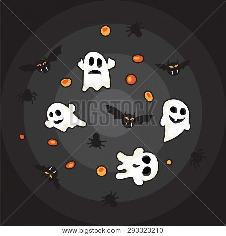 Halloween Pattern Black Bats, White Ghost And Orange Pumpkin On Black Background