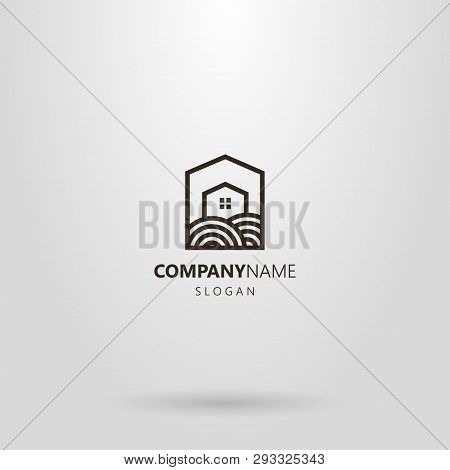 Black And White Simple Line Art Logo Of A Private House On A Plot Of Land In A Pentagonal Frame