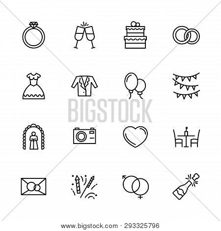 Simple Icon Set Engagement And Wedding In Church. Contains Such Symbols Love, Ring, Bride Wedding Dr