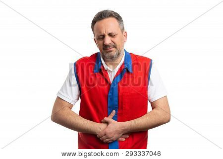 Nauseous Hypermarket Or Supermarket Male Employee Touching Hurting Belly With Hands As Stomachache C