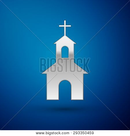 Silver Church Building Icon Isolated On Blue Background. Christian Church. Religion Of Church. Vecto