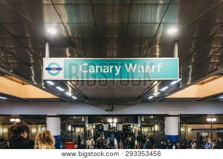 London, Uk - January 26, 2019: Station Name Sign Inside Canary Wharf Docklands Light Railway Station