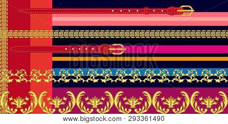 Seamless Vector Pattern With Golden Scrolls, Leater Belts And Other Decorative Elements. Women Fashi