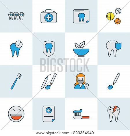 Tooth Icons Colored Line Set With Toothpaste, Vitamins, Medical Report And Other Tooth Protection El
