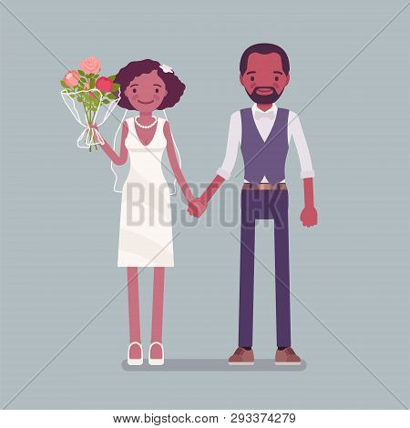 Happy Bride, Groom Holding Hands On Wedding Ceremony. African American Man, Woman In Beautiful Dress