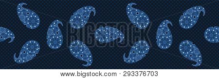 Indigo Blue Dye Paisley Damask Border Illustration