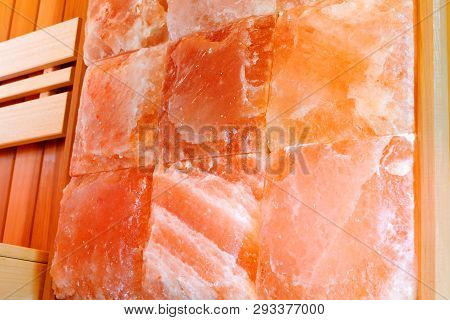 Interior Dry Himalayan Salt Sauna Wall.   Sauna Room At The Spa Hotel