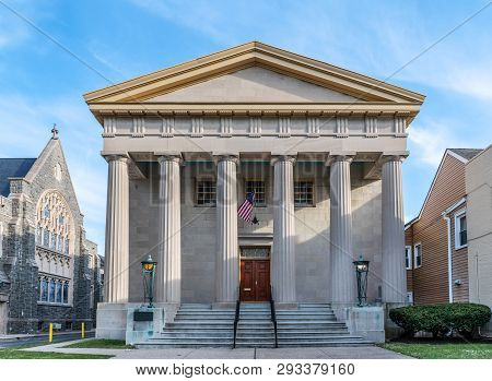 Haddonfield, New Jersey - March 30 - The Historic Masonic Temple As Seen On March 30 2019 In Haddonf