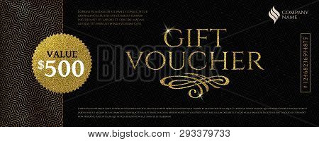 Gift Voucher Template With Glitter Gold Elements. Vector Illustration. Design For Invitation, Certif