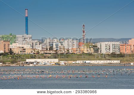 Panorama Of Steel Plant Industry On The Sea Side Very Close To The Old City Of Taranto, Puglia. Ital