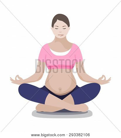 Enceinte Mother In Yoga Lotus Pose Isolated On White Background. Flat Style