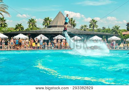 Belek, Turkey - September 12, 2018. Exciting Fly Board Watershow At The Pool Party On A Sunny Summer
