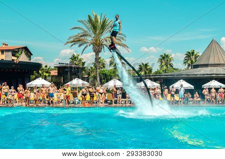 Belek, Turkey - September 12, 2018. Exciting Fly Board Watershow At The Pool Party On A Sunny Summer