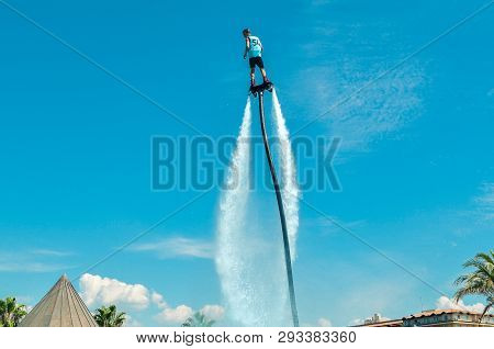 Belek, Turkey - September 12, 2018. Exciting Fly Board Watershow On A Sunny Summer Day. A Man Is Doi
