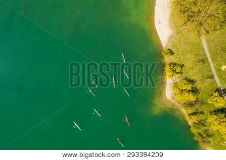 Water Sport, Panoramic Aerial View Of Kayaks On Lake From Drone, Overhead View, Unrecognizable Peopl