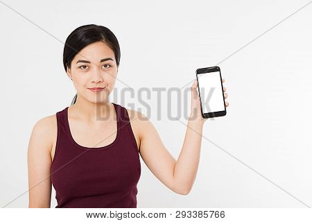 Modern Asian,korean Woman,girl Hold Blank Screen Cellphone, Pointing Isolated On White Background, H