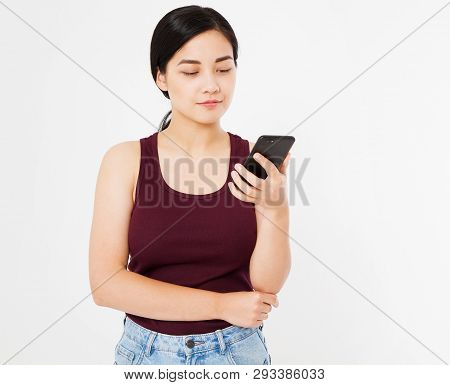Portrait Beautiful Sexy Korean Woman Look At Cellphone Isolated On White Background