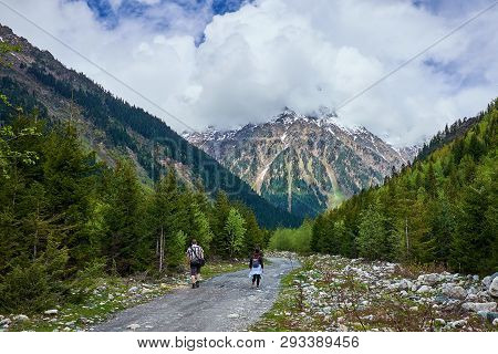 Tourists Go On A Forest Mountain Road